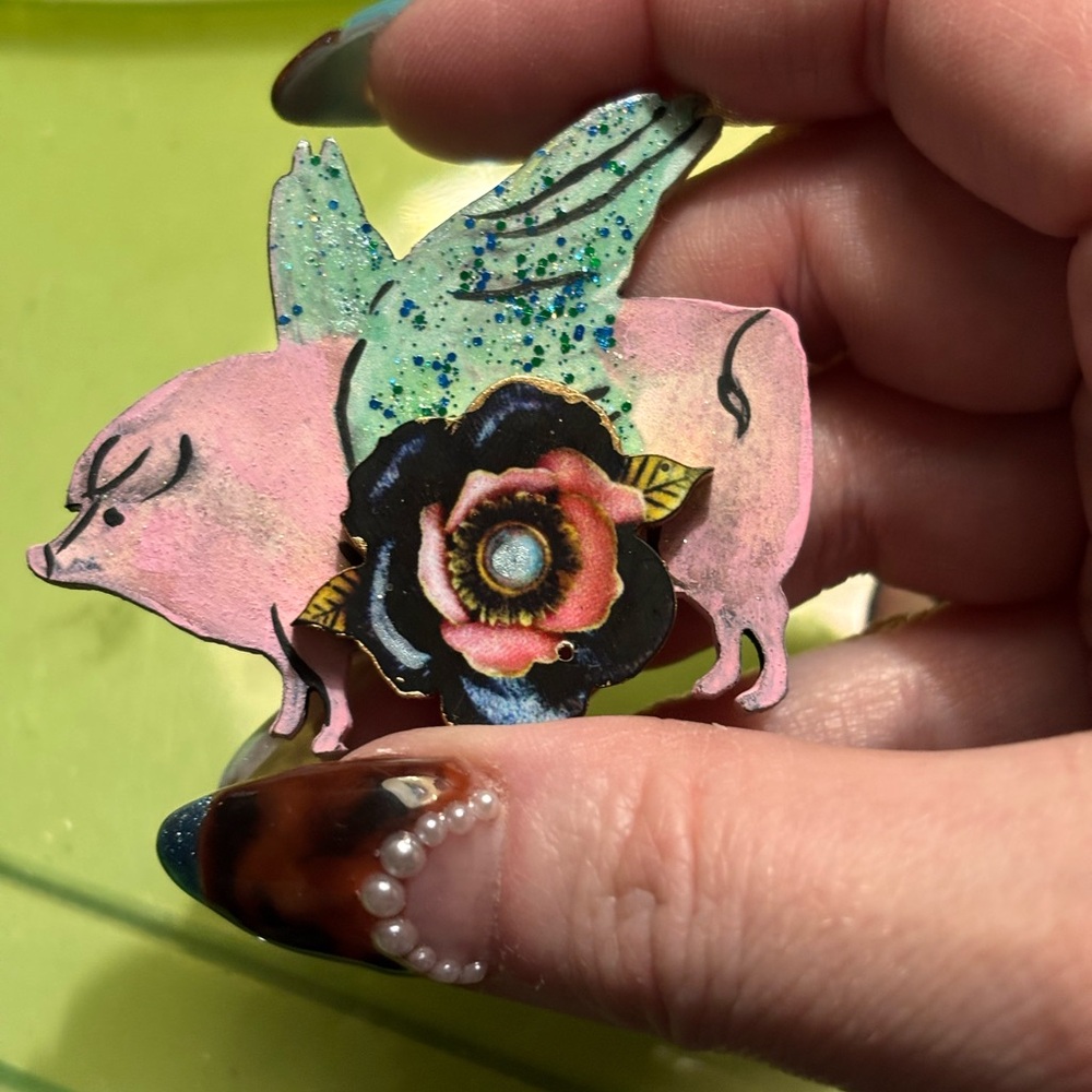 Pink Pig Enamel Pin with Glittery Mint Wings and Floral Accent